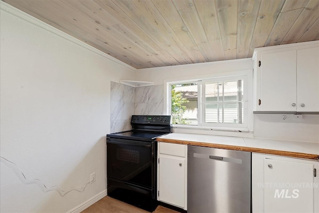 216 9th Ave N, Nampa, ID 83687 - kitchen with black range with electric cooktop, dishwasher, light countertops, white cabinets, and wooden ceiling