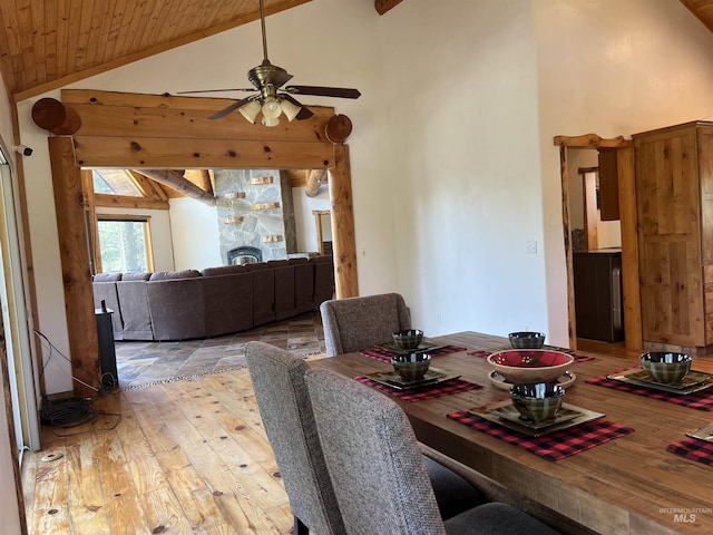 dining area featuring ceiling fan, light wood-type flooring, wood ceiling, and high vaulted ceiling