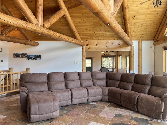 living room with high vaulted ceiling, beam ceiling, and wood ceiling