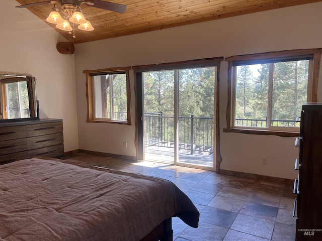 bedroom featuring ceiling fan, wooden ceiling, and access to exterior