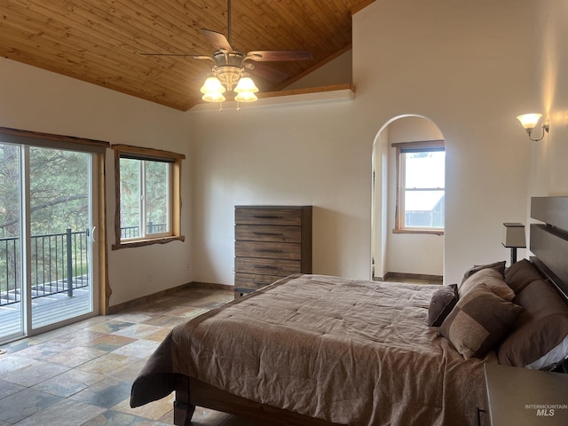 bedroom featuring wooden ceiling, lofted ceiling, access to outside, and ceiling fan