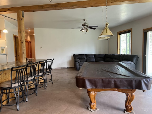 playroom featuring beam ceiling, billiards, and ceiling fan