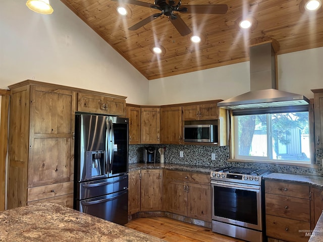 kitchen featuring wood ceiling, appliances with stainless steel finishes, decorative backsplash, high vaulted ceiling, and range hood