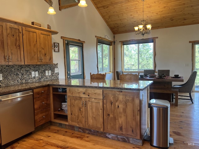 kitchen featuring pendant lighting, dishwasher, tasteful backsplash, kitchen peninsula, and a notable chandelier