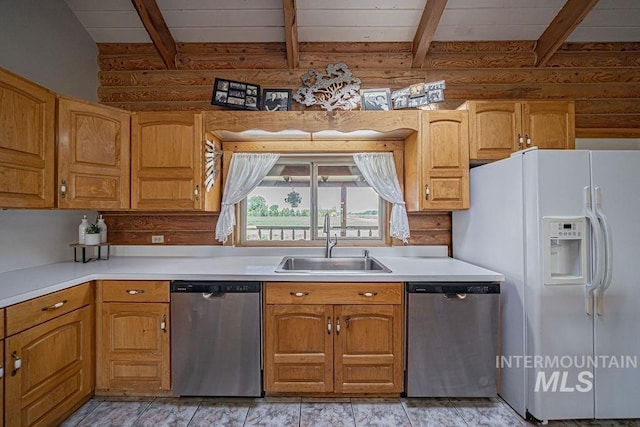 kitchen with dishwasher, white fridge with ice dispenser, a sink, and light countertops