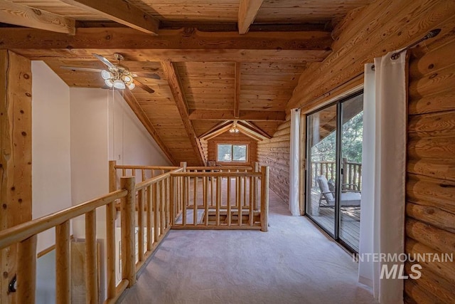 interior space with vaulted ceiling with beams, light carpet, wooden ceiling, and rustic walls