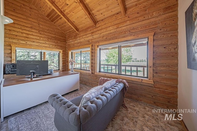 office featuring high vaulted ceiling, wood ceiling, plenty of natural light, and beam ceiling