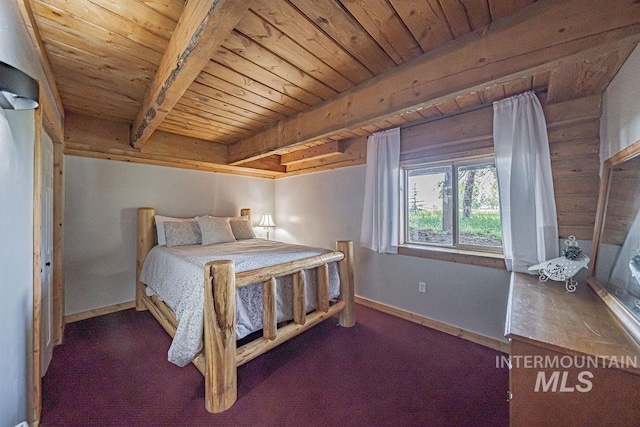 unfurnished bedroom with wooden ceiling, beamed ceiling, and baseboards