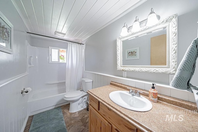 full bathroom with shower / bath combo, wainscoting, toilet, wood ceiling, and vanity