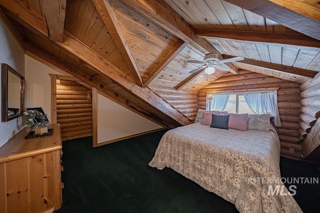 bedroom with wood ceiling, vaulted ceiling with beams, and log walls