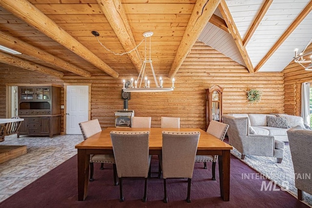 dining area featuring a wood stove, wooden ceiling, lofted ceiling with beams, and a chandelier