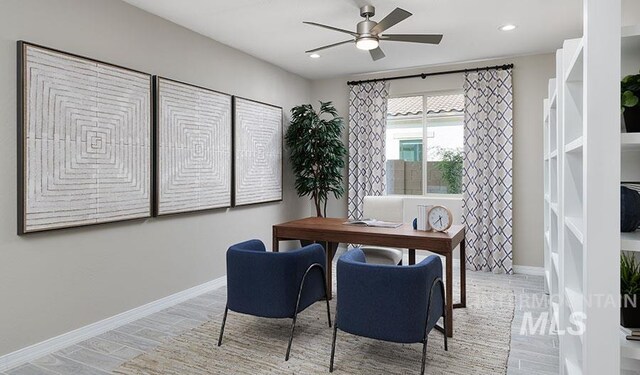 dining area featuring recessed lighting, baseboards, wood finished floors, and ceiling fan