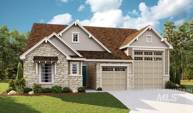 view of front of property featuring a garage, driveway, a shingled roof, and a front yard