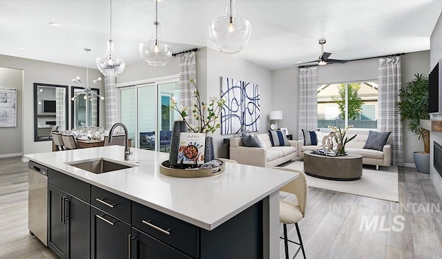 kitchen with light wood finished floors, a sink, stainless steel dishwasher, open floor plan, and light countertops