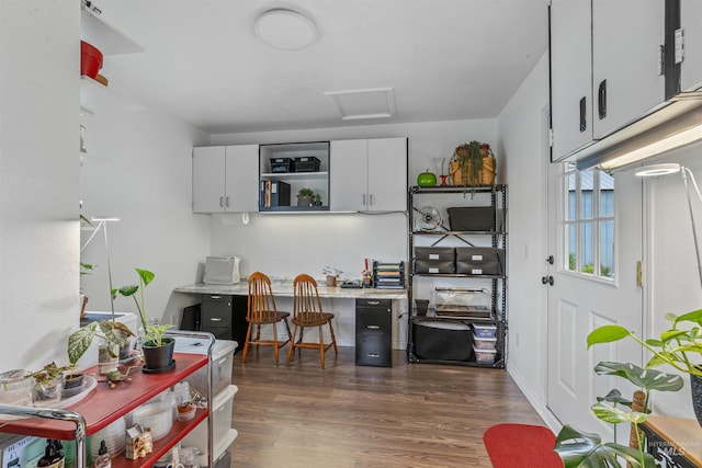 3233 8th St, Lewiston, ID 83501 - kitchen featuring open shelves, dark wood-style flooring, light countertops, white cabinets, and a desk
