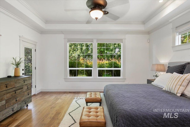 bedroom featuring ornamental molding, light hardwood / wood-style flooring, ceiling fan, and a tray ceiling