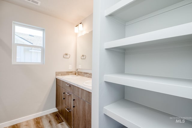 3542 W Littleton Dr, Meridian, ID 83642 - bathroom featuring double vanity, wood finished floors, and baseboards