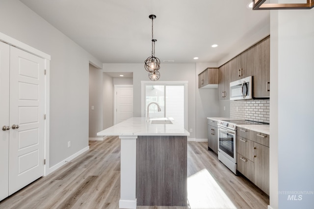 3542 W Littleton Dr, Meridian, ID 83642 - kitchen with range with electric cooktop, a sink, stainless steel microwave, decorative backsplash, and modern cabinets