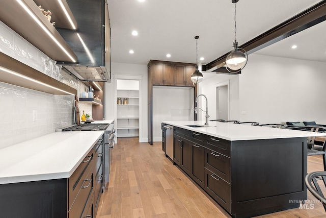 kitchen featuring a kitchen island with sink, sink, decorative light fixtures, and stainless steel appliances