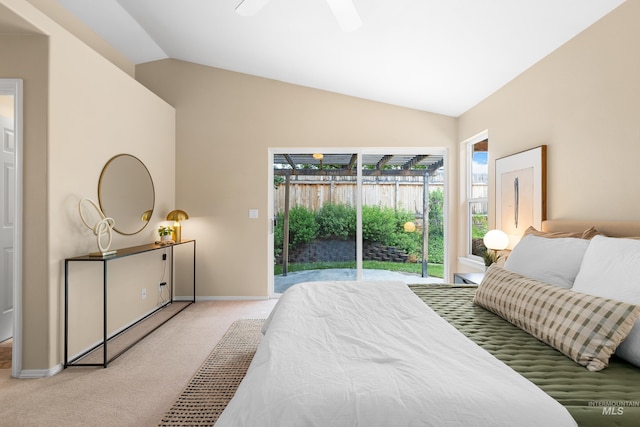 6460 S Lodgepole Pl, Boise, ID 83716 - bedroom with access to exterior, vaulted ceiling, carpet flooring, baseboards, and a ceiling fan