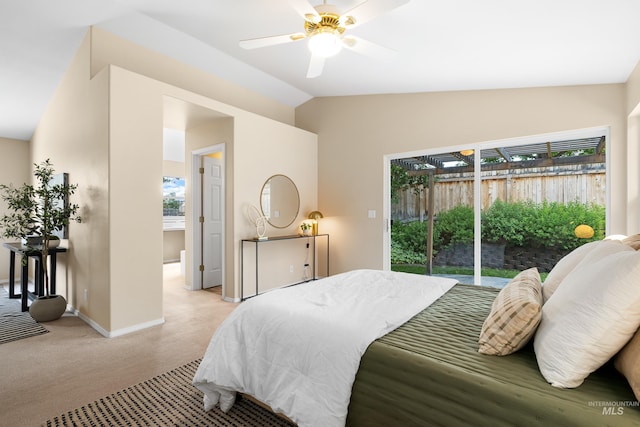 6460 S Lodgepole Pl, Boise, ID 83716 - bedroom featuring access to exterior, lofted ceiling, baseboards, light carpet, and a ceiling fan