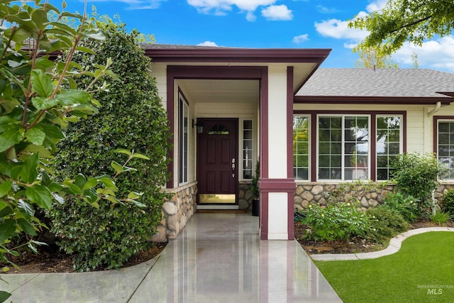 6460 S Lodgepole Pl, Boise, ID 83716 - doorway to property featuring stone siding and roof with shingles