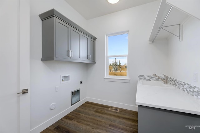 laundry room with visible vents, a sink, hookup for a gas dryer, cabinet space, and hookup for an electric dryer