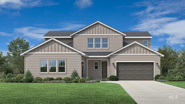 craftsman house with board and batten siding, concrete driveway, a front yard, and a shingled roof