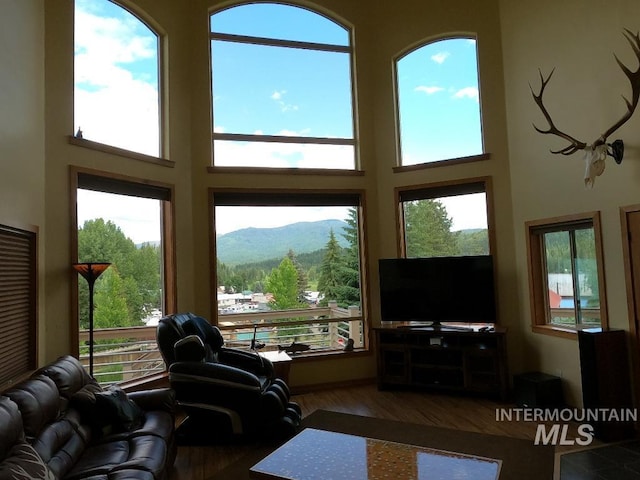 204 S 2nd St, Elk River, ID 83827 - living room featuring a high ceiling and wood finished floors