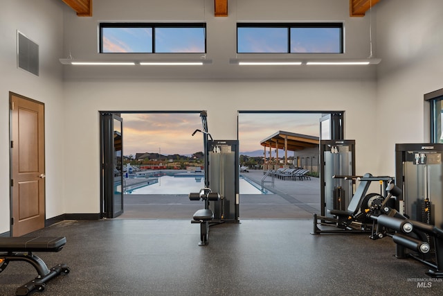 gym with a towering ceiling and a wealth of natural light