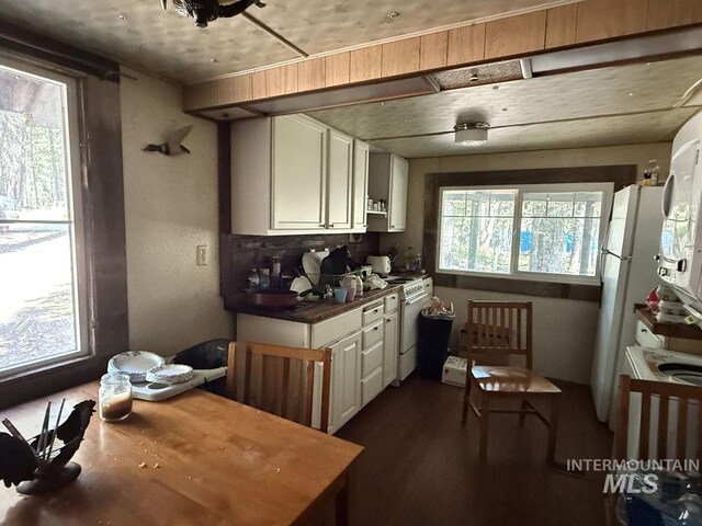 kitchen with white appliances, dark wood-style flooring, white cabinetry, and dark countertops