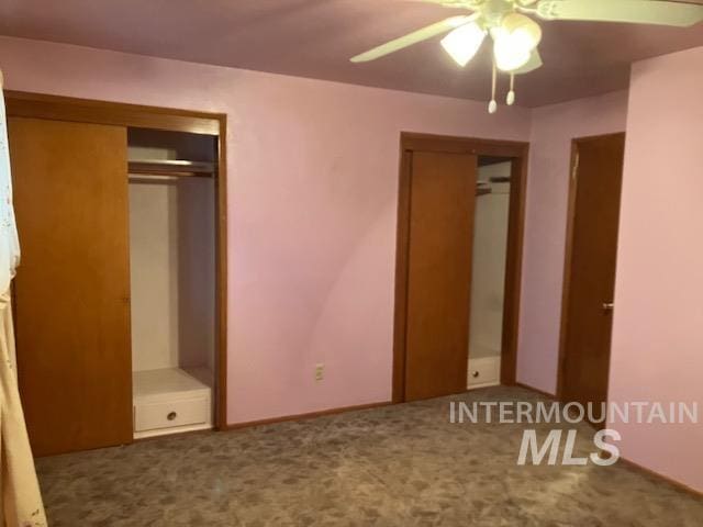 unfurnished bedroom featuring carpet flooring and ceiling fan