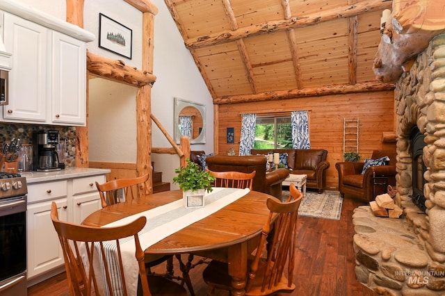 dining area featuring high vaulted ceiling, wooden ceiling, dark wood finished floors, and beamed ceiling