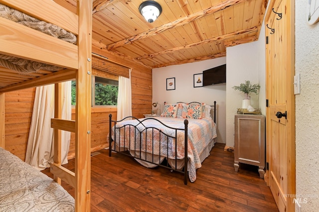 bedroom featuring wood ceiling, dark wood finished floors, wooden walls, and beam ceiling