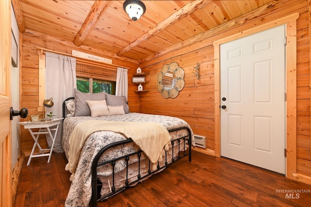 bedroom featuring wood walls, wooden ceiling, and wood finished floors