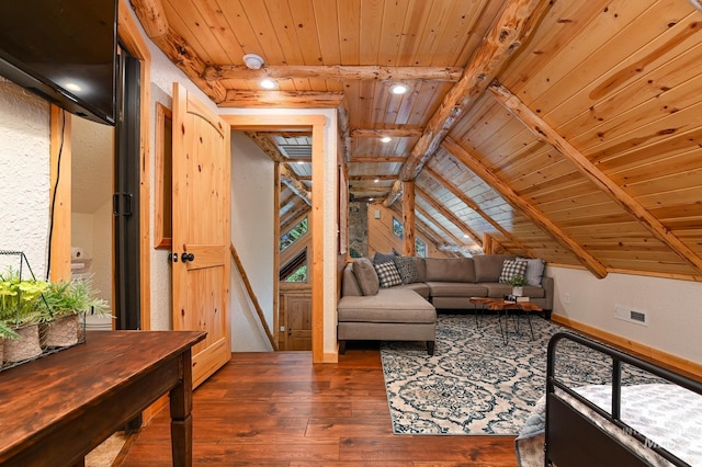 sitting room featuring wooden ceiling, visible vents, wood-type flooring, and lofted ceiling with beams