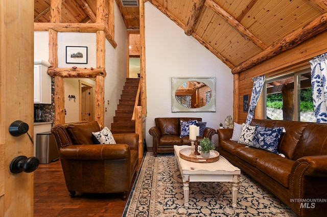 living area with wooden ceiling, stairway, wood finished floors, high vaulted ceiling, and beam ceiling