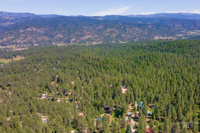 drone / aerial view featuring a forest view and a mountain view