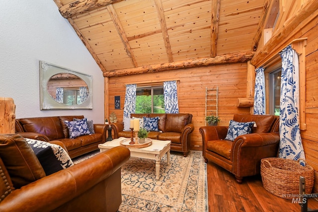 living area featuring high vaulted ceiling, wooden ceiling, wooden walls, wood finished floors, and beam ceiling