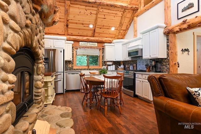 kitchen featuring beam ceiling, backsplash, appliances with stainless steel finishes, dark wood-type flooring, and wood ceiling