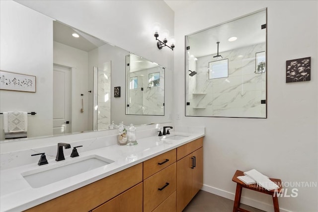 8237 W Corinthia St, Eagle, ID 83616 - bathroom featuring double vanity, a marble finish shower, and tile patterned floors
