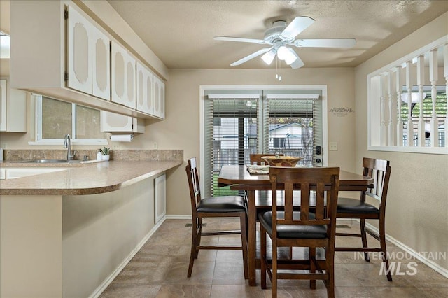 dining room with a healthy amount of sunlight, ceiling fan, baseboards, and a textured ceiling