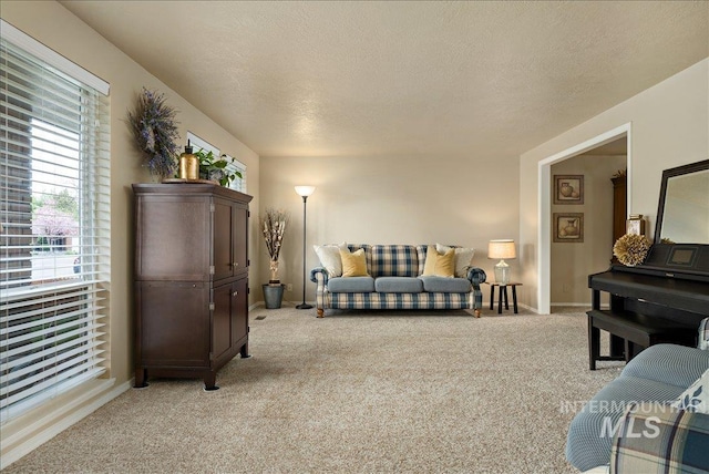 living room with a textured ceiling, baseboards, and light colored carpet