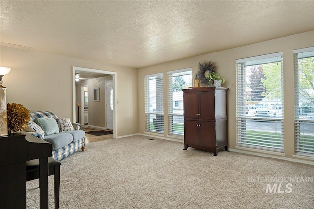 interior space with light colored carpet, a textured ceiling, and baseboards