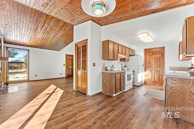 kitchen with sink, dark wood-type flooring, wood ceiling, and white appliances