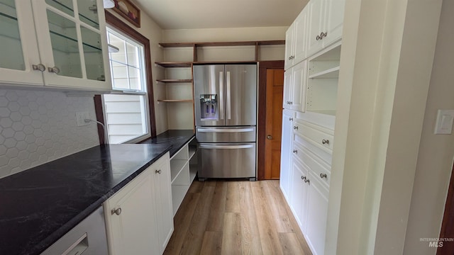 815 E 6th, Moscow, ID 83843 - kitchen with stainless steel fridge with ice dispenser, open shelves, light wood finished floors, and dark countertops