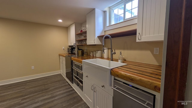 815 E 6th, Moscow, ID 83843 - kitchen with dishwasher, white cabinets, dark wood-type flooring, open shelves, and recessed lighting