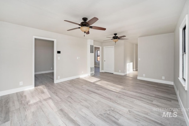 unfurnished living room featuring ceiling fan and light hardwood / wood-style flooring