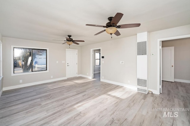 unfurnished living room featuring ceiling fan and light hardwood / wood-style floors