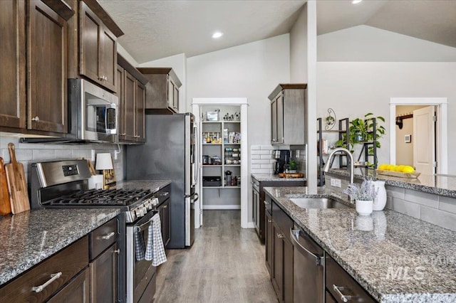 1046 N Warm River Ave, Kuna, ID 83634 - kitchen with vaulted ceiling, dark brown cabinets, stainless steel appliances, a sink, and wood finished floors